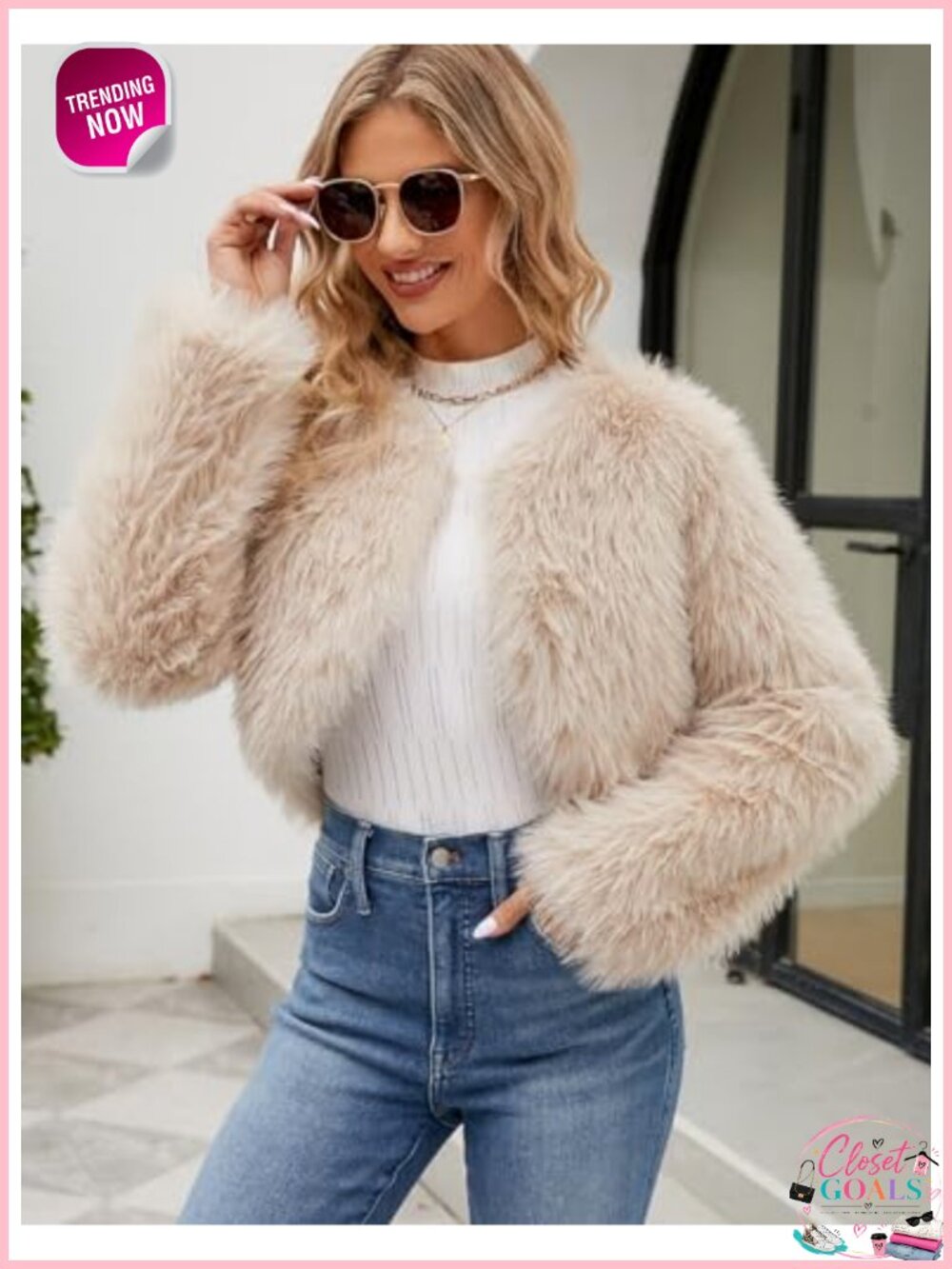 Cropped Faux Fur Jacket Long Sleeve Open Front Fuzzy Coat - Picture 3 of 6